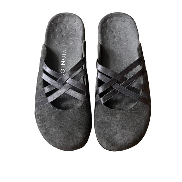 VIONIC Claire Charcoal Gray Suede Slip On Strappy Crisscross Strap Mules Size 8 - Picture 4 of 8